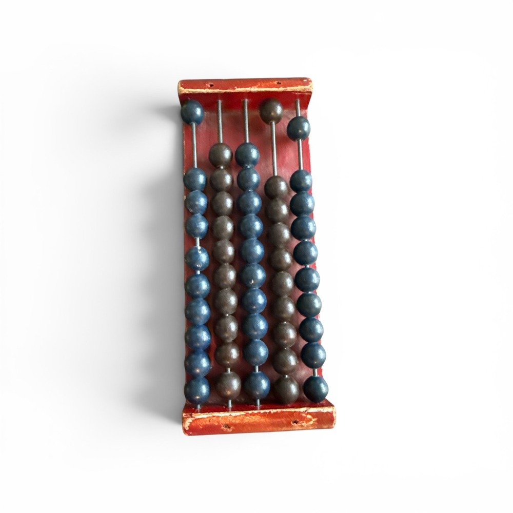 Vintage Wooden Abacus Hand Painted Red Blue Brown Primitive Rustic Decor 7"x2.5"